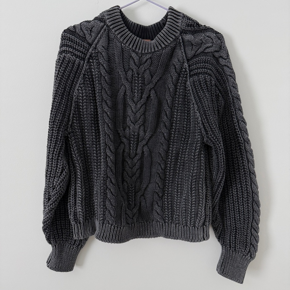 Free People Charcoal Cable Knit Crewneck Sweater